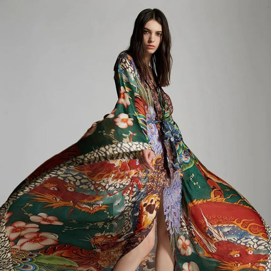 Kimono Maxi Fleuri Bohème Femme – Rose - Kimono Zen