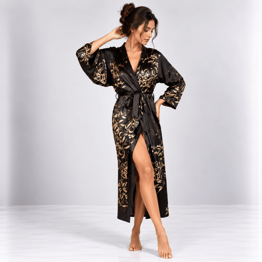 Kimono Satin Fleuri | Noir - Kimono Zen