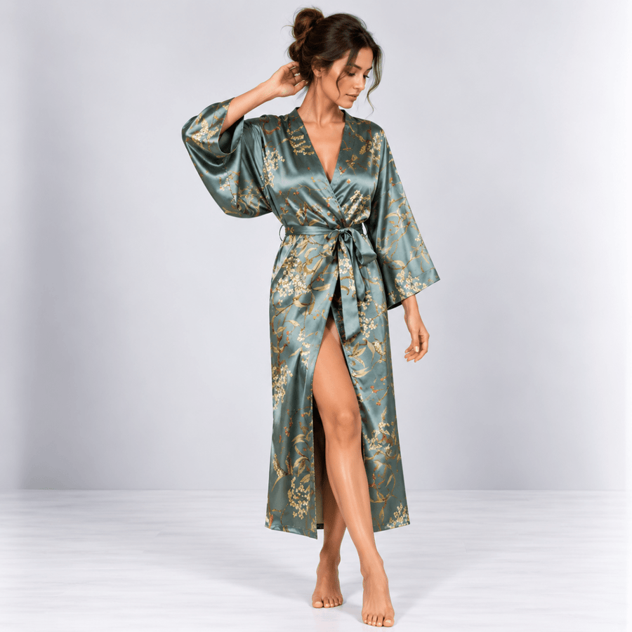Kimono Satin Fleuri | Vert - Kimono Zen