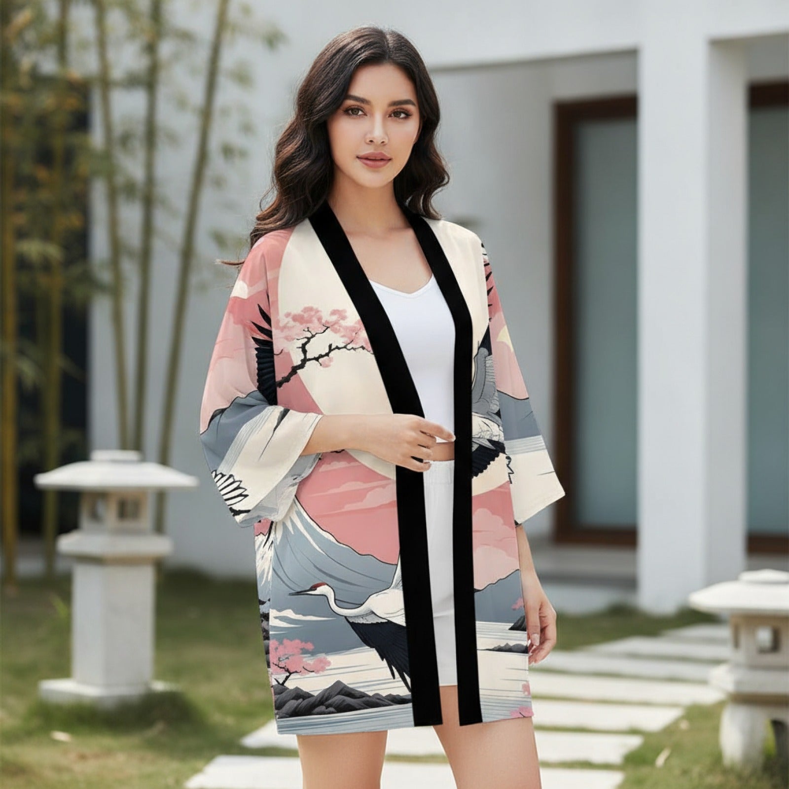 Kimono Japonais Femme Fleurs & Grues