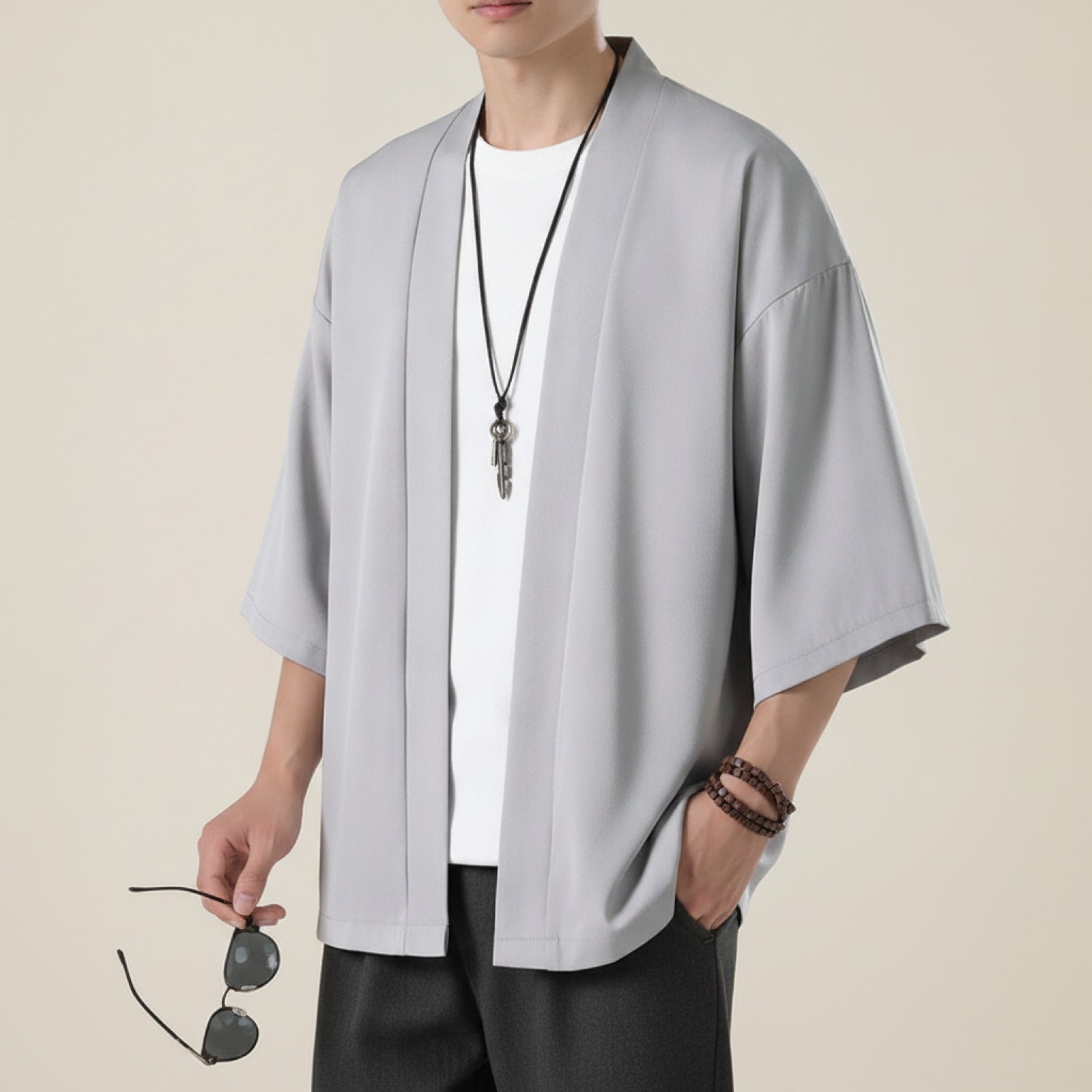 Chemise Kimono Homme Gris Clair