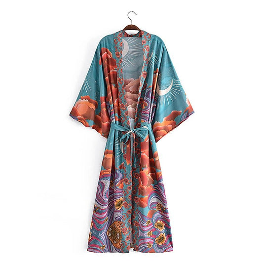 Robe Kimono Fleurie Bohème Femme – Vert - Kimono Zen