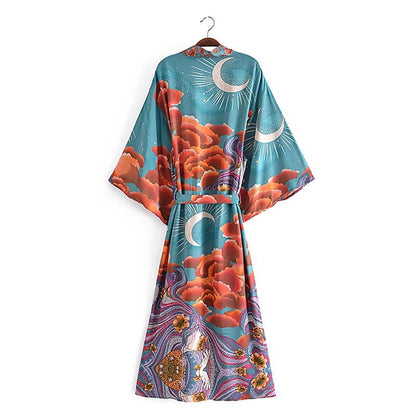 Robe Kimono Fleurie Bohème Femme – Vert - Kimono Zen