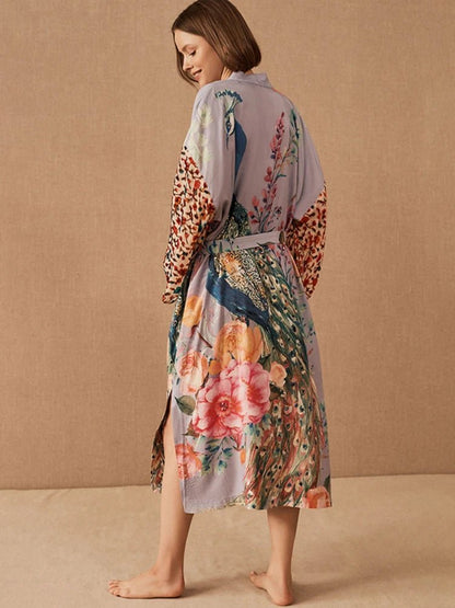 Robe Kimono Motif Paon Femme – Bleu - Kimono Zen