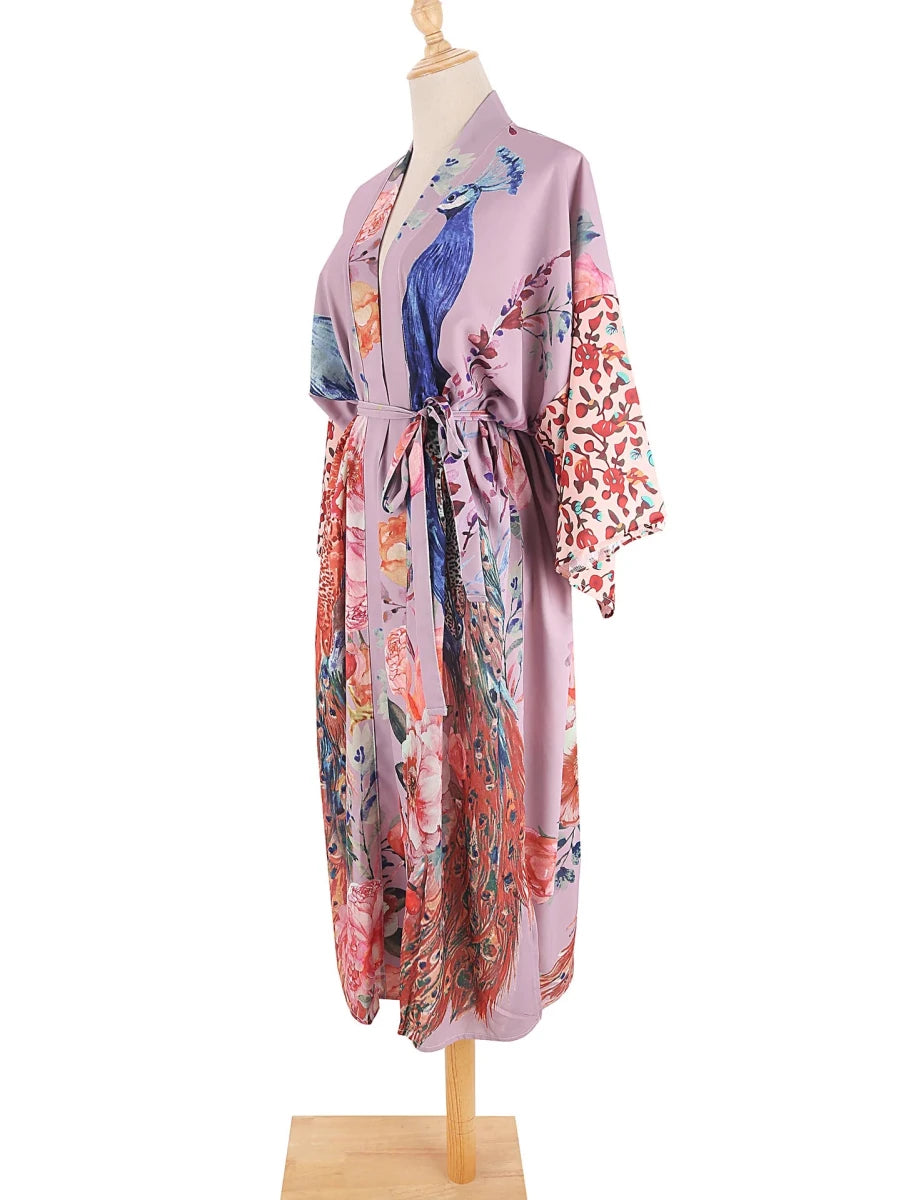 Robe Kimono Motif Paon Femme – Bleu - Kimono Zen