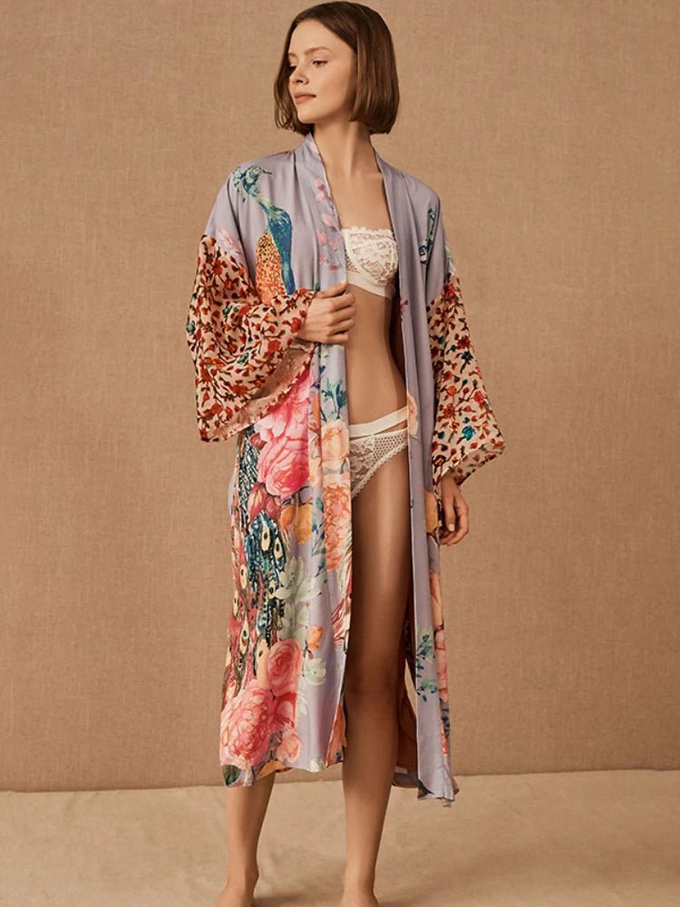 Robe Kimono Motif Paon Femme – Bleu - Kimono Zen