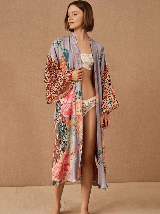 Robe Kimono Motif Paon Femme – Bleu - Kimono Zen