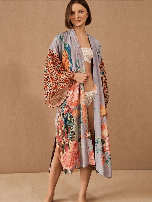 Robe Kimono Motif Paon Femme – Bleu - Kimono Zen