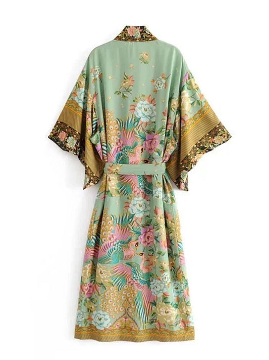 Robe Kimono Paon Fleuri Femme – Vert - Kimono Zen