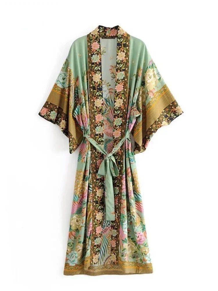 Robe Kimono Paon Fleuri Femme – Vert - Kimono Zen