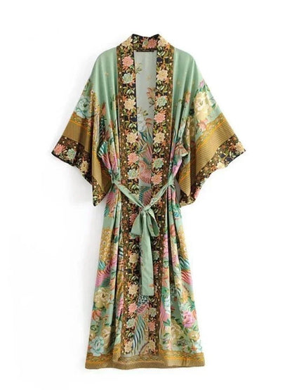 Robe Kimono Paon Fleuri Femme – Vert - Kimono Zen