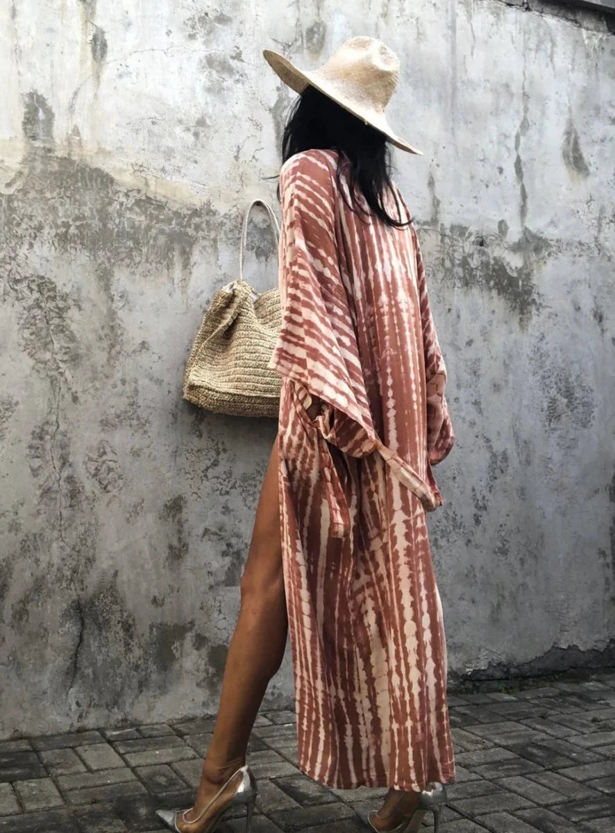 Robe Kimono Rayures Bohème Femme – Rose - Kimono Zen