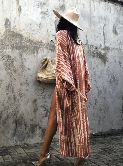 Robe Kimono Rayures Bohème Femme – Rose - Kimono Zen