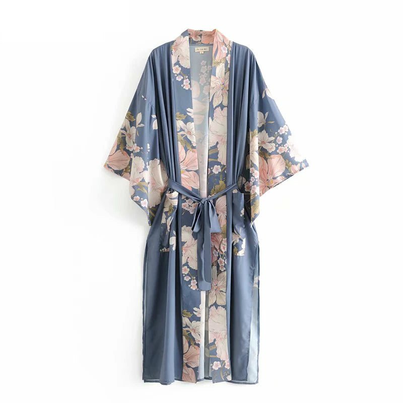 Robe Kimono Vintage Bohème Femme – Bleu - Kimono Zen