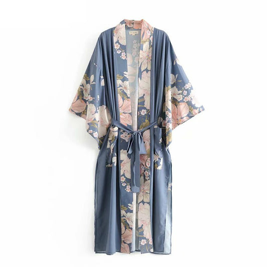 Robe Kimono Vintage Bohème Femme – Bleu - Kimono Zen